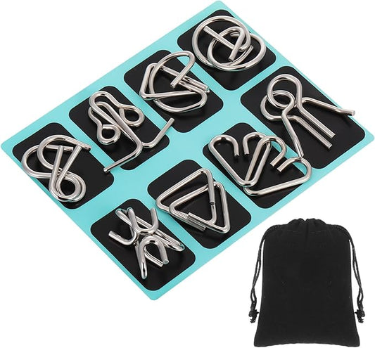 Yilloog Metal Wire Puzzle Set of 8 with Pouch, Brain Teaser Puzzles IQ Test Ring Disentanglement Unlock Interlock Game Trick Metal for Party Favor Challenge(B Style)