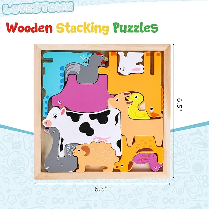 LovesTown Wooden Stacking Puzzles for Kids, Farm Animal Chunky Jigsaw, Educational Learning Toy, 12 PCS