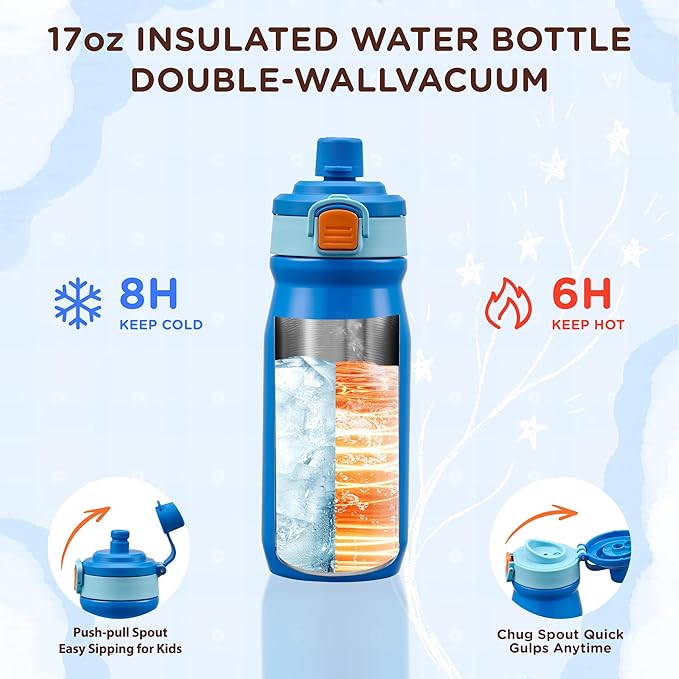 Bento Lunch Box for Kids With 8oz Thermo, Leakproof Bento Box with with 2 Compartments, Insulated Bottle, Lunch Bag, BPA Free Dishwasher Safe for School Girls Boys (Blue)