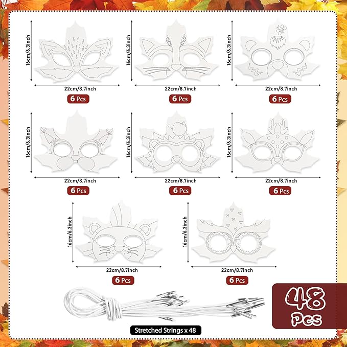 Funrous 48 Pcs Fall Craft Kits Autumn Maple Leaf DIY Mask Color Your Own Animal Blank Painting Paper Mask Thanksgiving Craft