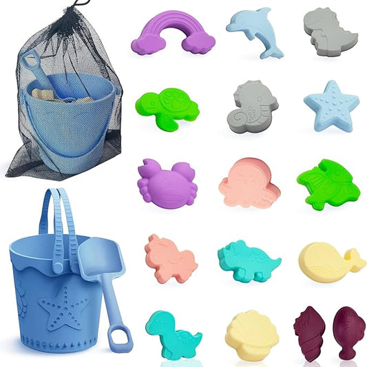 Baby Beach Toys, Sand Castle Building Kit with Silicone Bucket, Shovel & 16 Sand Molds - Travel Friendly Summer Sand Toys for Toddlers, Boys & Girls - Mesh Storage Bag, 18pcs Beach Vacation Essentials