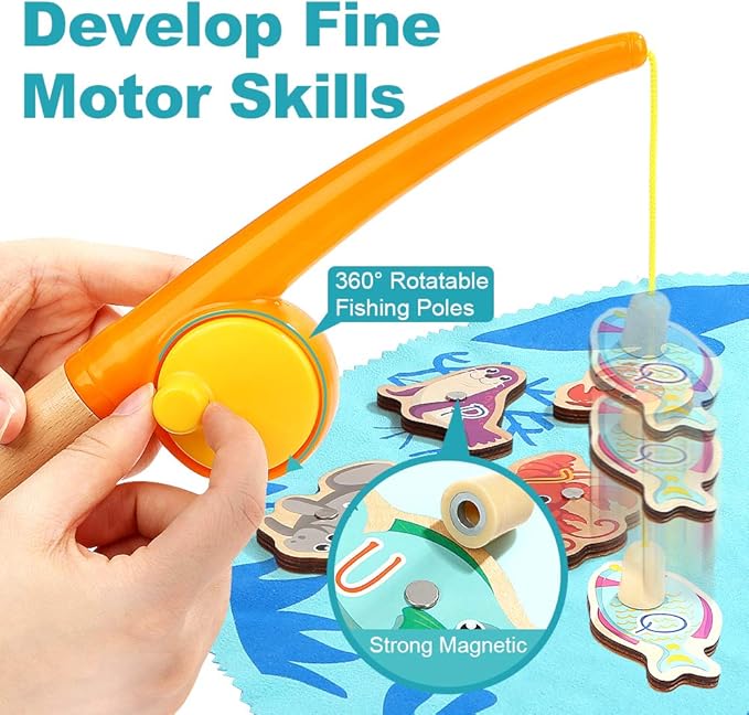 TOP BRIGHT Montessori Toddler Fishing Game - Kids Wooden Magnetic Fishing Toys Gifts for 3 Years Old Girls Boys, Fine Motor Skills for Toddler
