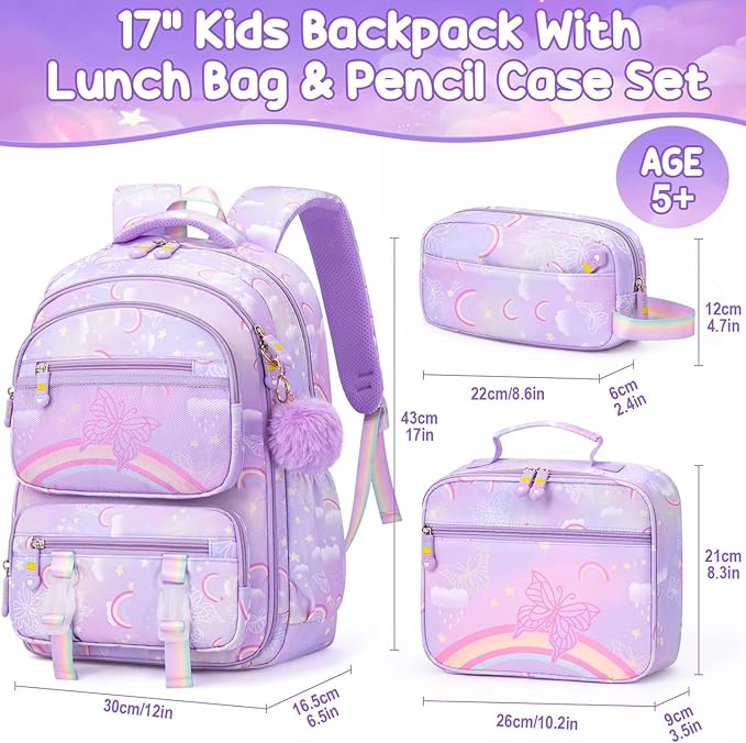 Fimibuke Kids Backpack for Girls, 3PCS Rainbow & Butterflies Teen Girls Backpack with Lunch Box Pencil Case, Cute Purple Bookbag School Bag for Kindergarten Elementary Middle School Student Ages 5+