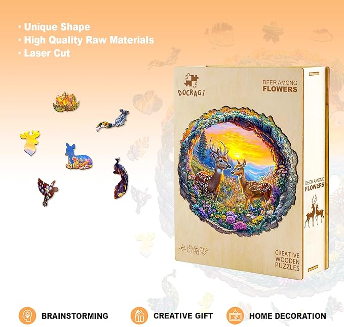 Wooden Puzzles for Adults - Deer Among Flowers Wooden Jigsaw Puzzle - Unique Animal Shaped Wood Puzzles Adult - Christmas Birthday Gifts for Adults/Friends/Family - 300pcs 13.4 * 13.3in
