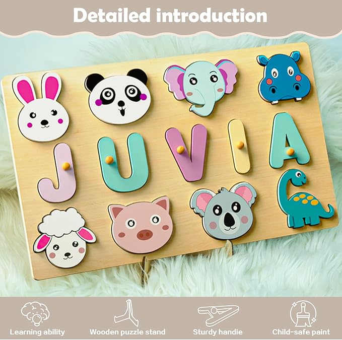Personalized Name Puzzle | Custom Name Puzzles | Montessori Toys for 1 Year Old | Customized Baby Gifts for Toddlers 1-3 Animal Puzzle (Stlyes 1)