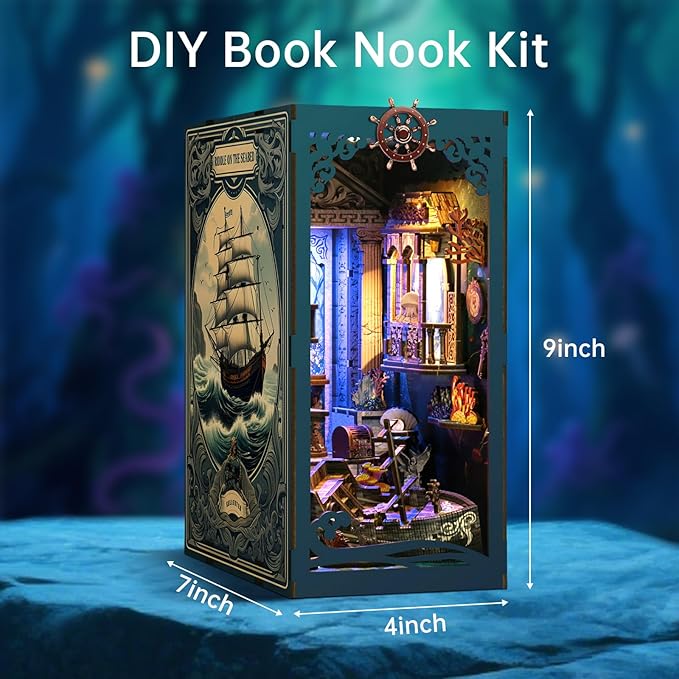 Book Nook Kit - DIY Enchanted Cottage Miniature House for Adults & Teens, 3D Wooden Puzzle Booknook with LED Lights, Bookshelf Insert Decor & Creative Model Building（Riddle On The Sea Floor）