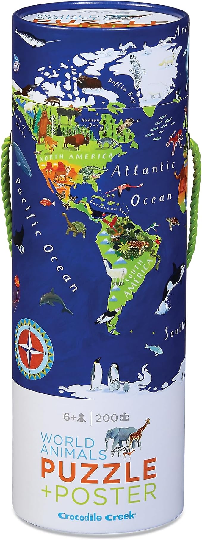 Crocodile Creek 200-Piece Jigsaw Floor Puzzle with Matching Poster - Fun Puzzles for Kids Ages 6-8 and Up - Heavy-Duty Storage Cylinder with Handle - World Map - 19" x 13" Finished