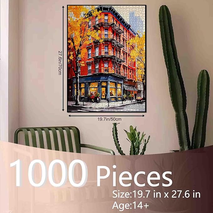 New York City View Jigsaw Puzzle，Fall Red Buildings 1000 Pieces Jigsaw Puzzles for Adults，27 x 20 Inches Puzzles for Families，HD Quality Autumn Street Landscape Photo Puzzle Gift，Game Nights
