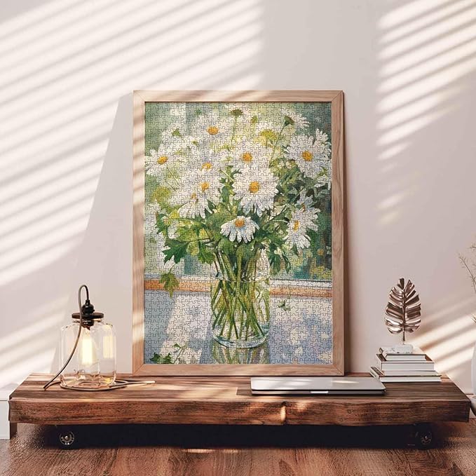 Jigsaw Puzzles 1000 Pieces for Adults-White Daisy Flower Hardboard Puzzle-Challenging Puzzle Perfect for Game Nights-DIY Home Wall Decor-Art Puzzles-White Flowers with Green Leaves in Vase 27" x 20"