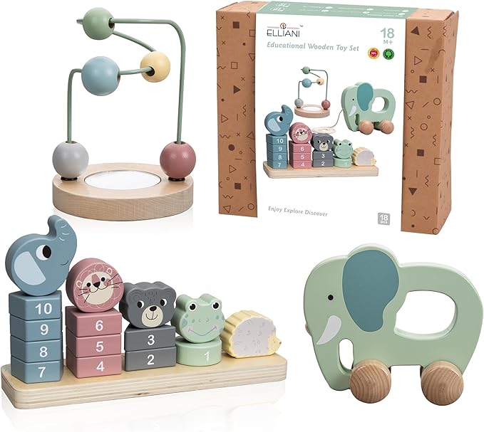 ELLIANI Montessori Toys for 1 Year Old - 3-in-1 Wooden Toy Set, Stacking Toys for Toddlers 1-3 with Bead Maze & Pull Toy, Baby Gender Neutral Gifts
