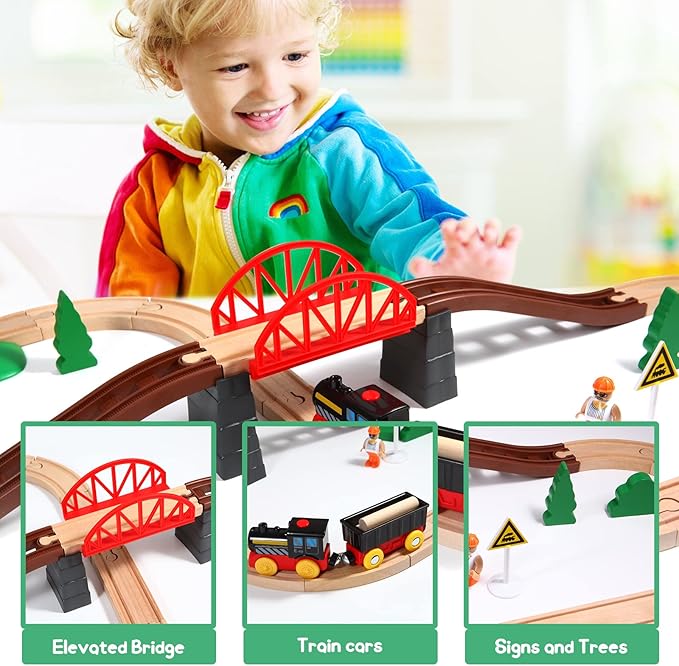 Asweets Wooden Train Set for Toddler,40 Piece with Train Track Electric Operated Fits Thomas,Brio,Melissa and Doug Magnet Battery Train Toy for 3 4 5 Years Old Boys
