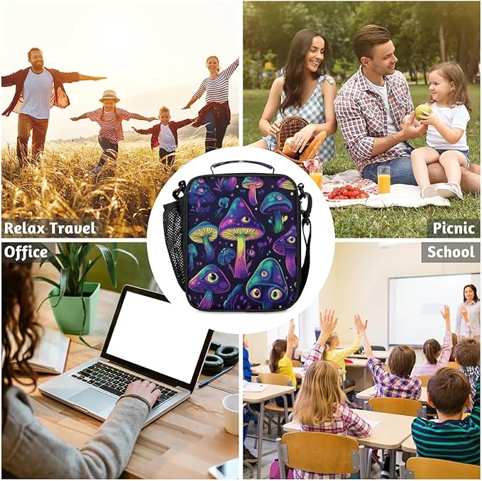 Mushrooms Insulated Lunch Box Kids Reusable Portable Lunchbox Bag with Adjustable Shoulder Strap and Water Bottle Holder for Work School Travel