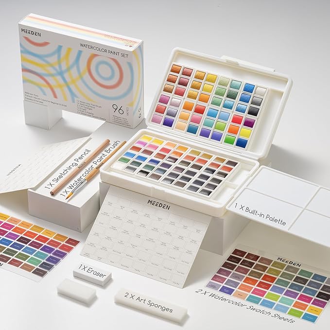 MEEDEN Watercolor Paint Set 96 Colors in Portable Box, Paint Kit with Brush, Palette, Art Supplies, Customizable Color Blocks, Bright Watercolors Travel Set for Adult Teens Beginner Amateur Artists