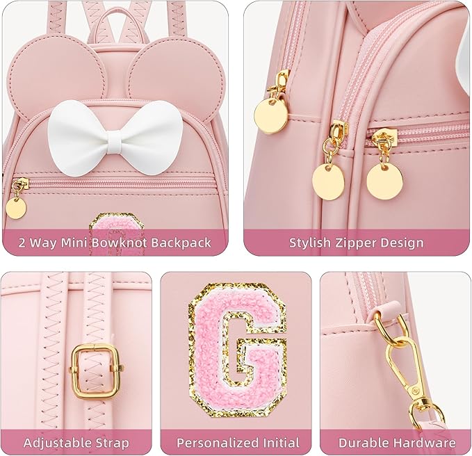 KKXIU Girls Initial Bowknot Cute Mini Backpack for Toddler, Travel Small Girl Backpacks, Personalized Trendy Stuff Gift for Little Girls and Kids(G, Pink)
