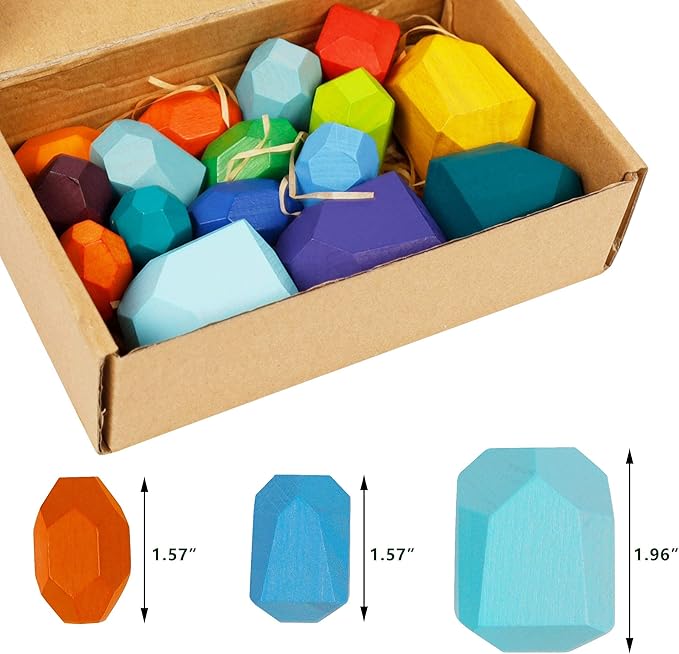 16 Pcs Wooden Stacking Blocks Rocks Building Toys, Colored Solid Wood Stones Pre-School Educational Games Creative Toys for Kids Toddlers