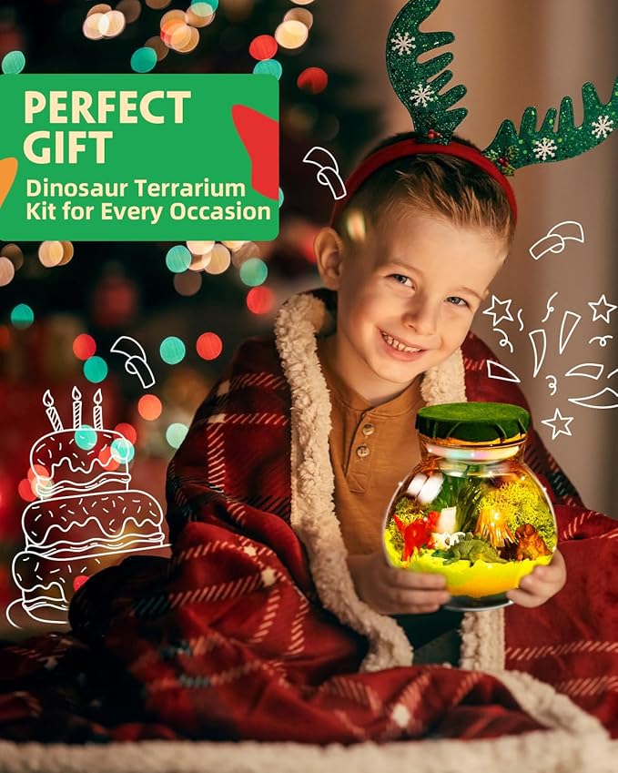 Light-Up Dinosaur Terrarium Kit for Kids, DIY Dino Toys Arts & Crafts Gift for Kid Boys Age 4 5 6 7 8-12 Years Old, LED Night Light with Remote, Birthday Easter Back to School Decoration Present