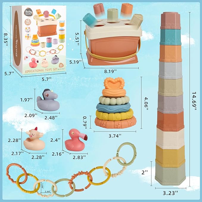 Shape Sorters Baby Toys 5 in 1 Montessori Toy for 6-48 Months Stacking Cups,Rings Toy Links,Soft Stacking Rings,Blocks Set,Soft Animals Toys Shape Sorters for Toddlers 1-3