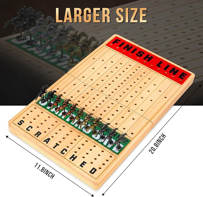 Large 21 Inches Horse Race Board Game, Horse Racing Games with Cards and Dice & 11 Luxury Metal Horses, Thickened Wood Chessboard, Classic Wooden Table Top Board Games for Adults and Family