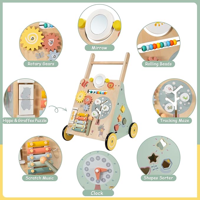 Wooden Baby Walker, Multiple Learning Activities Center Develops Motor Skills for Infant to Toddler, Push and Pull Walkers with Wheel for Boys Girls