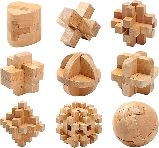 FantasyDay 9pcs Wooden Brain Teaser Puzzles, Interlocking Games for IQ Test, Intellectual 3D Assembling Educational Toy Set for Teens and Adults(9 Puzzle Set#D04)