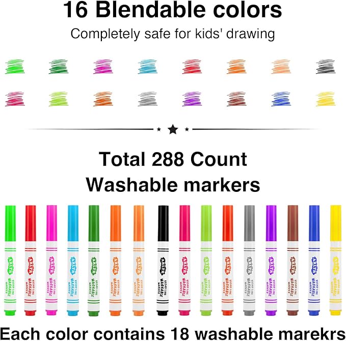 224-Count Washable Markers Bulk Pack for Kids - 16 Vibrant Colors, Broad Line Conical Tip, Perfect for Classroom, School, Teachers & Students - Non-Toxic Art Supplies for Drawing & Crafts