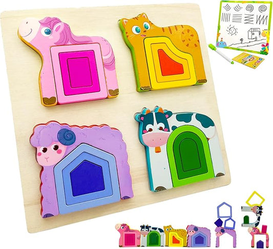 Wooden Montessori Toys for 3 4 Years Old Boys & Girls, Animal Shape Sorter Preschool Learning Toys for Toddlers, Preschool Toddler Puzzles Great Gift Ideas for Kids (Colored-A)