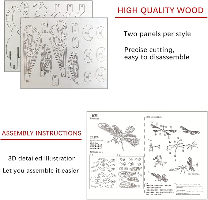 3D Wooden Insect Puzzle - 6 Piece Set Insect Animal Skeleton Assembly Model Puzzle - DIY Wooden Crafts 3D Puzzle - STEM Toys Gifts for Kids and Adults Teens Boys Girls