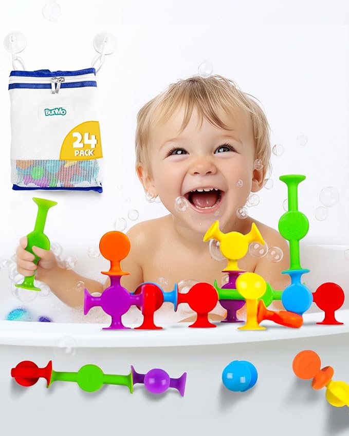 BUNMO Bath Toys Suction - Connect, Build, Create - Bath Toys - Hours of Fun & Creativity - Fine Motor Skills - Stimulating Sensory Toys - Non-Mouthable Toy 3+ - Smooth 24 Pack