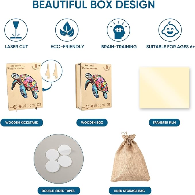 Wooden Puzzles for Adults, Sea Turtle Puzzles 200 Pieces-5MM Thickness, Ocean Puzzles with Unique Shaped 12.5x15.1 Inch, Birthday Gift Family Games