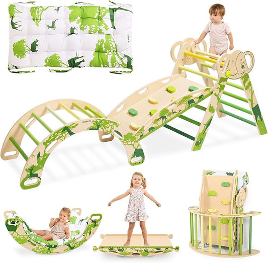 Wingyz 8-in-1 Pikler Triangle Set with Cushion-Wooden Baby Climbing Toys with Arch, Ramp & Ladder | Montessori Toddler Climber Indoor Jungle Gym for 1-3 Year Olds (Green)