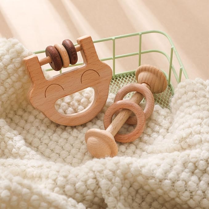 Wooden Baby Rattle, Newborn Wooden Rattle Toy, Natural Wooden Montessori Baby Grip Toy, Baby Gift Toy, Wooden Rattle Set 2PCS