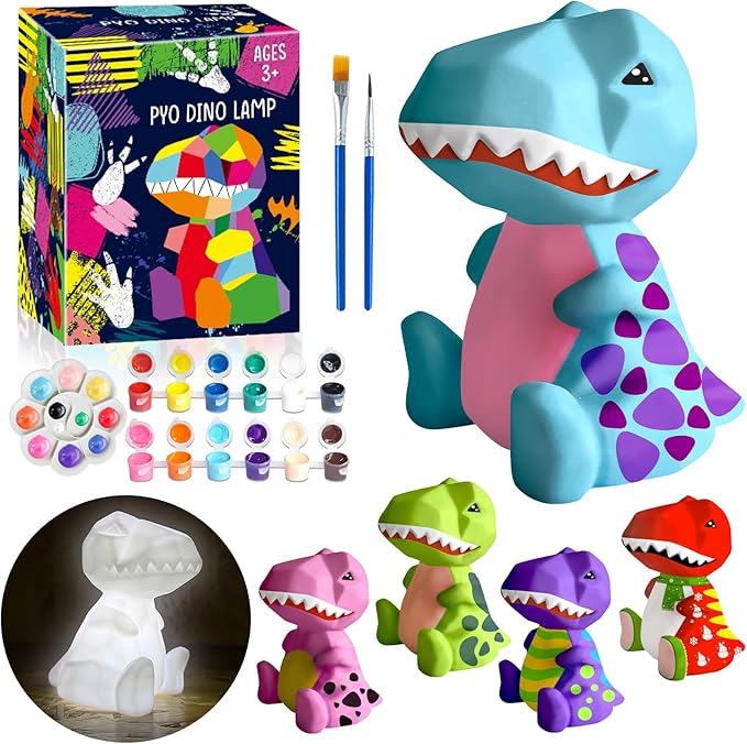 FUNZBO 4.3in Paint Your Own Dinosaur Lamp Kit - Arts and Crafts Supplies Painting Kit for Kids Teens, DIY Night Light Dinosaur Toys for Toddlers Boys Girls Age 3 4 5 6 7 8 9 10 11 12 13 Birthday Gifts