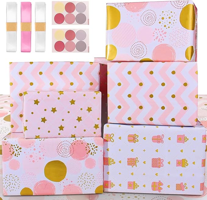 Wrapping Paper Pink Gold Birthday Gift Wrapping Paper for Girls Women-Soft Pink Gift Wrap Paper and Ribbon Sticker,Pretty Present Wrap Folded Sheets for Party,Wedding,Valentine's Day(6 Sheets, 27.5"Lx19.6"W per Sheet)