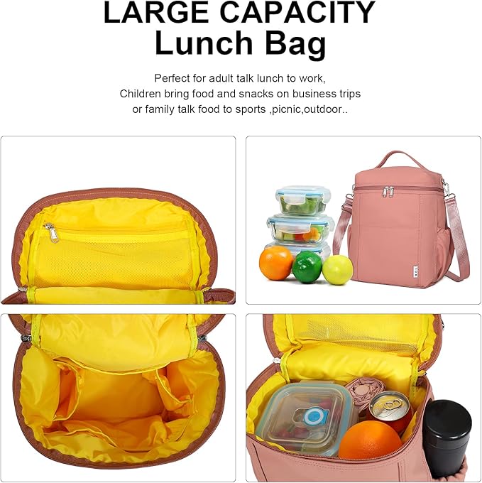 NOL Natural Organic Lifestyle Insulated Lunch Bags for Women Cooler Bag Lightweight Nylon Waterproof Lunch Box For Work (Dark Pink, Large)