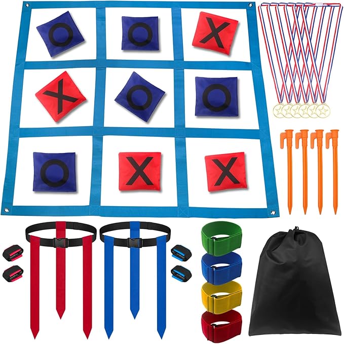Outdoor Game Set, Kanosan Outside Giant Tic Tac Toe Bean Bag Toss Games,3 Legged Race Bands, Catch Tail Game, Field Day Birthday Party Family Reunion Carnival Yard Lawn Easter Games 28PCS