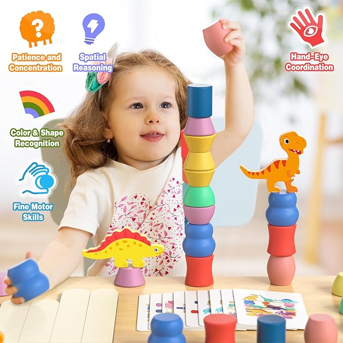 Montessori Dinosaur Toys for 1 2 3 4 Year Old Toddlers, Preschool Education Toys for Ages 2-4 Boys Girls Kids, Wooden Dinosaur Blocks Sorting & Stacking & Balance Toy, Educational Birthday Gift