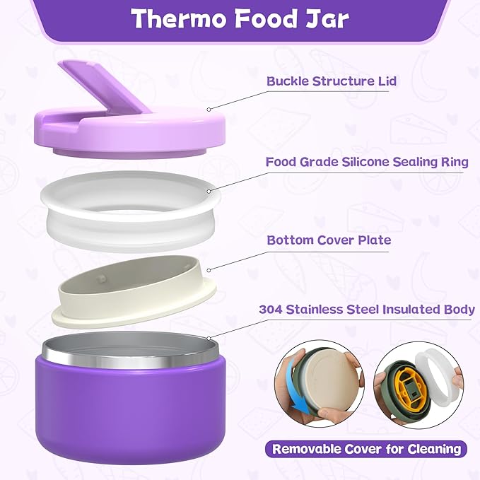 Kids Bento Lunch Box with 8oz Soup Thermo, Kids Leakproof Lunch Food Containers with 4 Compartment,Insulated Hot Food Jar with Lunch Bag for School, Travel (Purple)