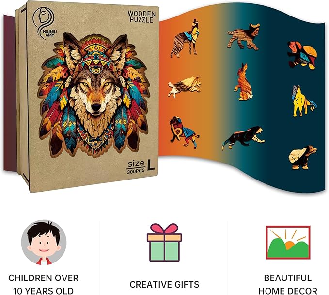 Wooden Puzzle for Adults,Wolf Totem Style Jigsaw Puzzles 300 Piece,Unique Shape Puzzle Challenge 14.9 x 14.9 Inch,Birthday Gifts Family Game