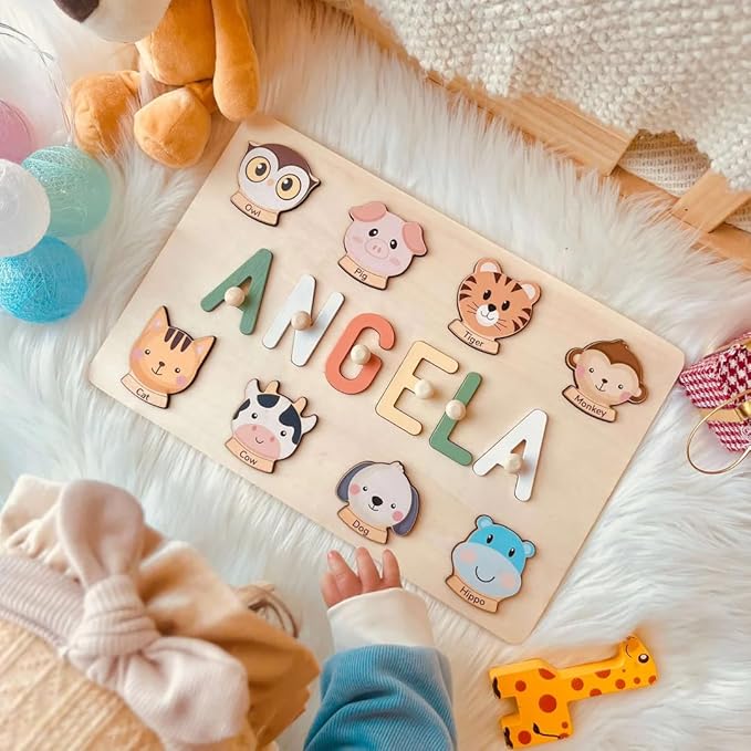 Personalized Name Puzzle for Kids, Personalized Baby Gifts Custom Name Puzzles for Toddlers 1-3 Animal Puzzle, Customized 1st Birthday for Girls & Boys Wooden Puzzle Montessor Toys for Kids