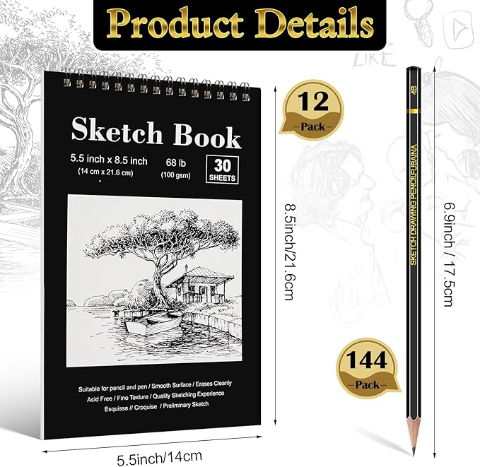 Humyoun 24 Pcs Sketch Drawing Pencils Kit Includes 5.5 x 8.5 Sketch Book and Graphite Pencils (12b - 4h) Top Spiral Bound Sketch Pad for Artists Beginners Teachers