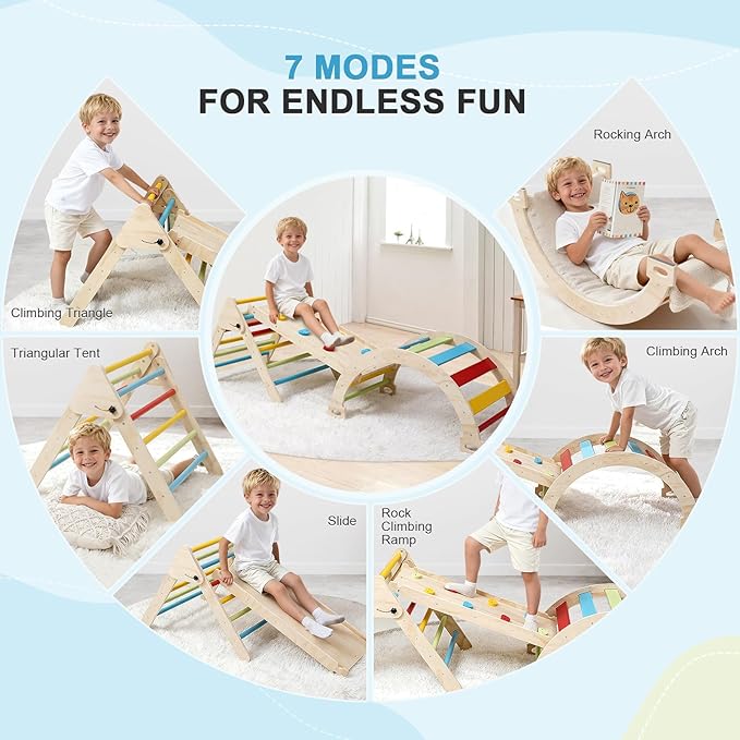 Pikler Triangle Set for Toddlers, 7-in-1 Foldable Montessori Climbing Gym with Safety Strap, Indoor Wooden Arch, Ramp, Ladder for Active Play - Classic