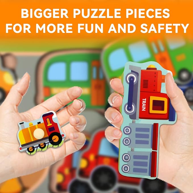 Wooden Puzzles for Toddlers with Storage Rack, WOOD CITY Toddler Puzzles Ages 3-6 for Kids, Learning Preschool Wood Puzzle for Boys and Girls-6 Pack Alphabet Number Shape Fruit Animal Vehicle