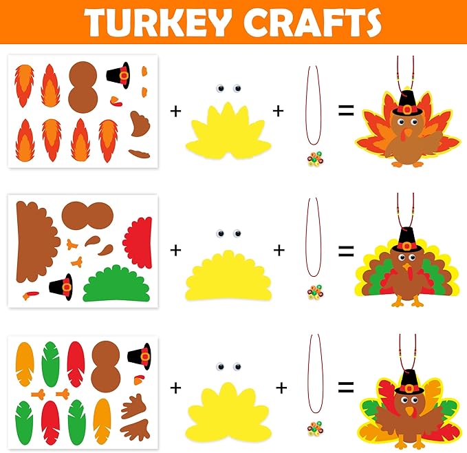 Fall Thanksgiving Crafts for Kids Adults, Make A Turkey Necklace Thanksgiving Activities Fall Party Favors Gifts Crafts Supplies Classroom Prizes DIY Thanksgiving Crafts for Toddlers Kids Age 4-8 8-12