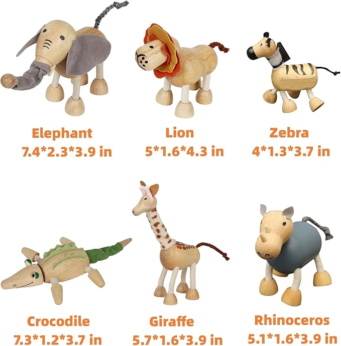 14 Pack Bendable Wooden Animal Toys, Smooth Natural Wood Zoo Farm Jungle Safari Animals Figures, Preschool Learning & Education Toys for Toddlers Kids