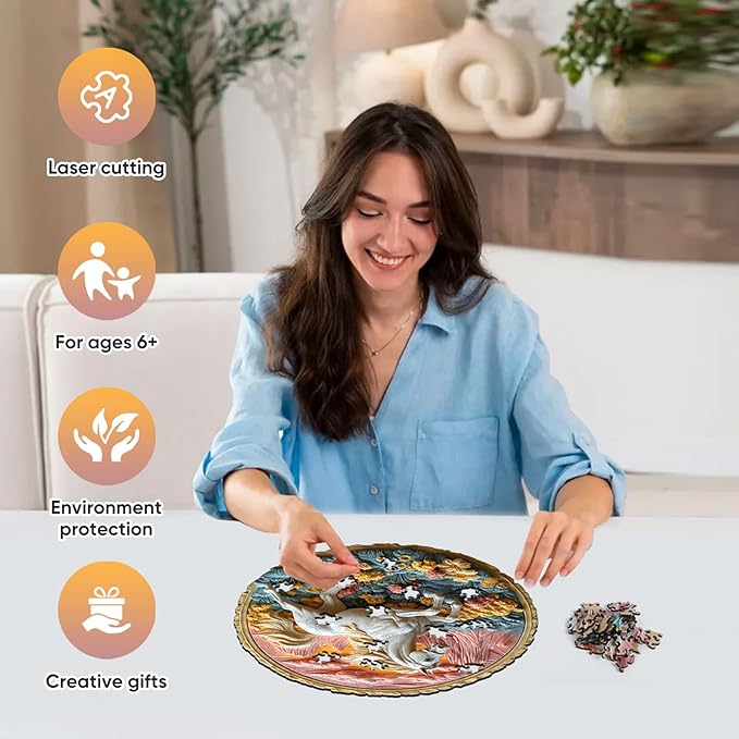 Wooden Puzzle for Adults 500 Piece - 3D Vision Effect Galloping White Horse Wooden Puzzle Unique Shape Advanced Wooden Jigsaw Puzzle, Wood Puzzles, Challenge Wooden Jigsaw Puzzle(16.3 x 16.5 in)