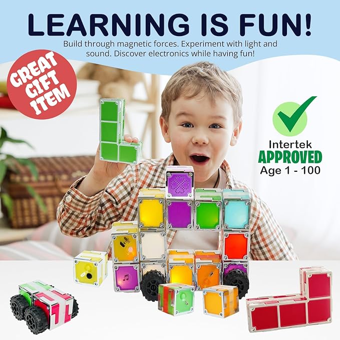 24 Magnetic Building Blocks – Light-Up STEM Educational Toy for Toddlers & Kids, Intertek Approved, Patented in US & China, Interactive Learning Cubes
