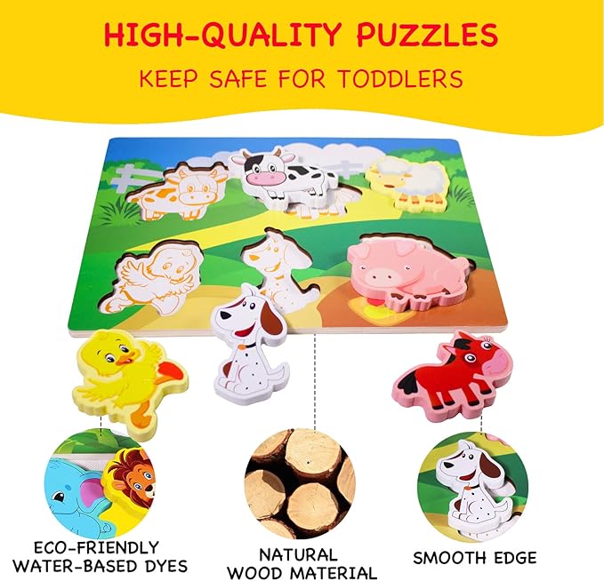 Wooden Peg Puzzle for Toddlers 1-3 Year Old,Funsland Puzzles Gifts Colorful Toys Cartoon Gifts,Farm Animals Puzzles