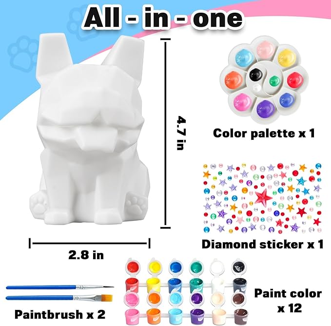 FUNZBO Paint Your Own Dog French Bulldog Lamp Kit - Arts and Crafts Supplies Painting Kits for Kids Teens Adults, DIY Night Light Dog Toy for Toddler Girl Boy Ages 3 4 5 6 7 8 9 10 11 12 Birthday Gift
