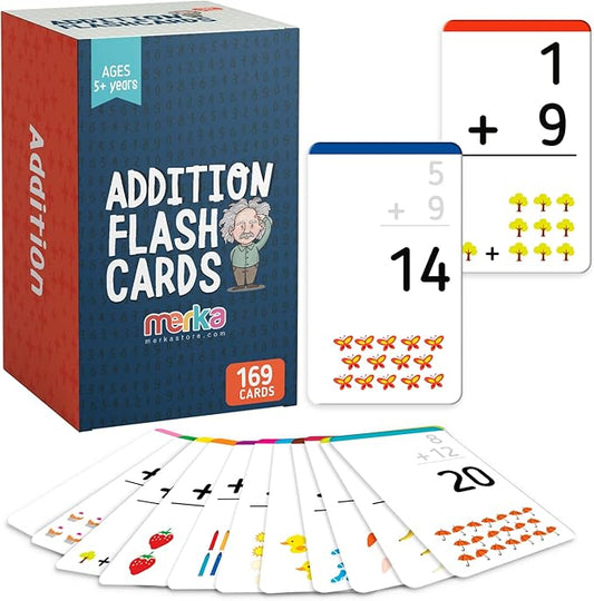 Merka Addition Flash Cards for Kids, Preschool Math Set of 169 Cards, Math Flashcards for Kindergarten, Addition Games, Classroom Use and Homeschool Supplies