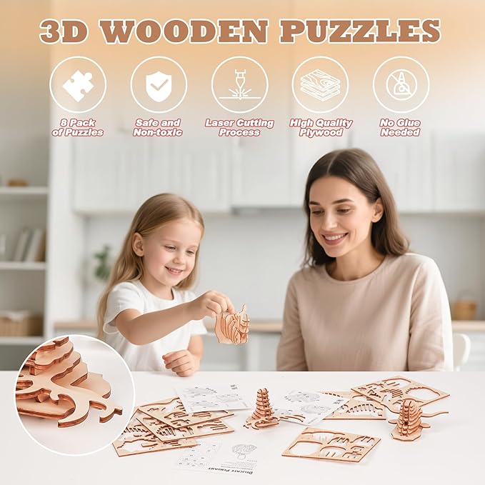 3D Wooden Puzzles for Kids, 8 Pcs Animal Assembly Model Wood Arts and Craft Puzzles Set, No-Glue DIY Delicate Pendant STEM Toys for Boys Girls Ages 6+, Educational Birthday Gift, Party Favors